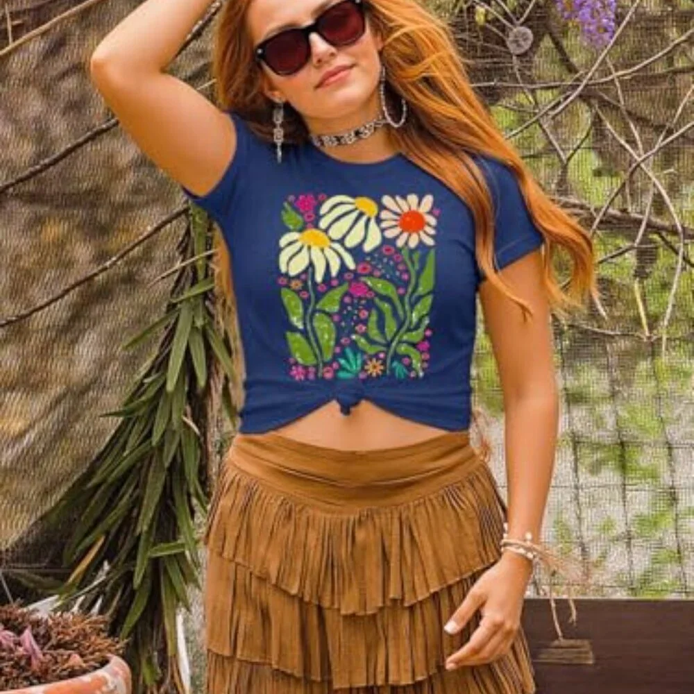 Vintage Floral Graphic Tee Boho Cottagecore Short Sleeve Top Women's T-Shirt